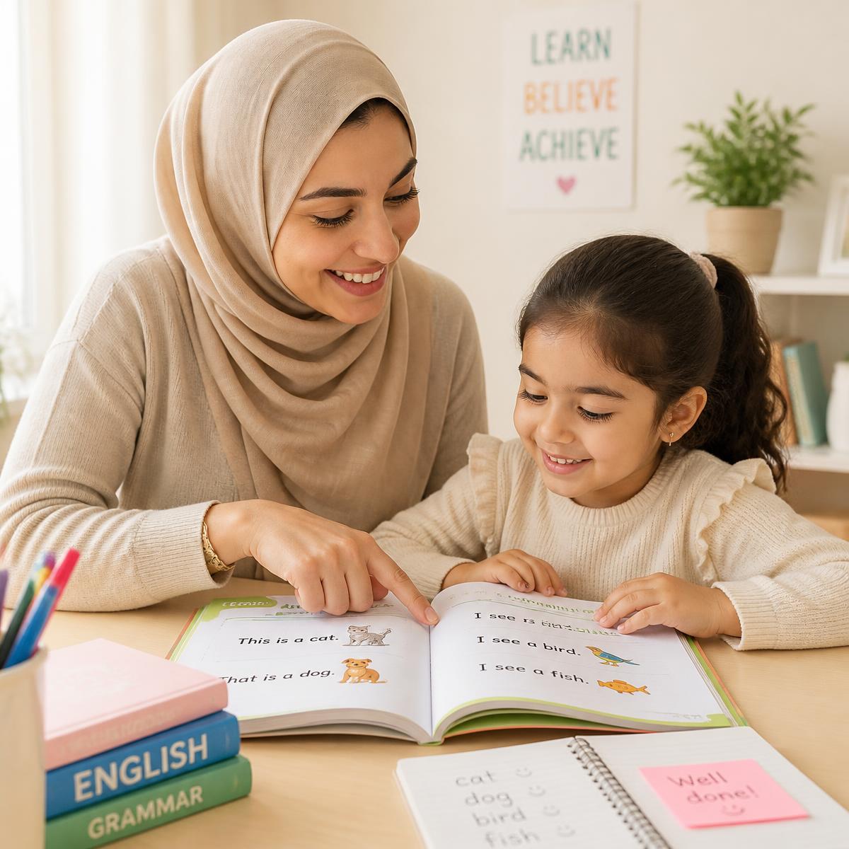 مُدرسة تساعد طفلة على قراءة كتاب إنجليزي